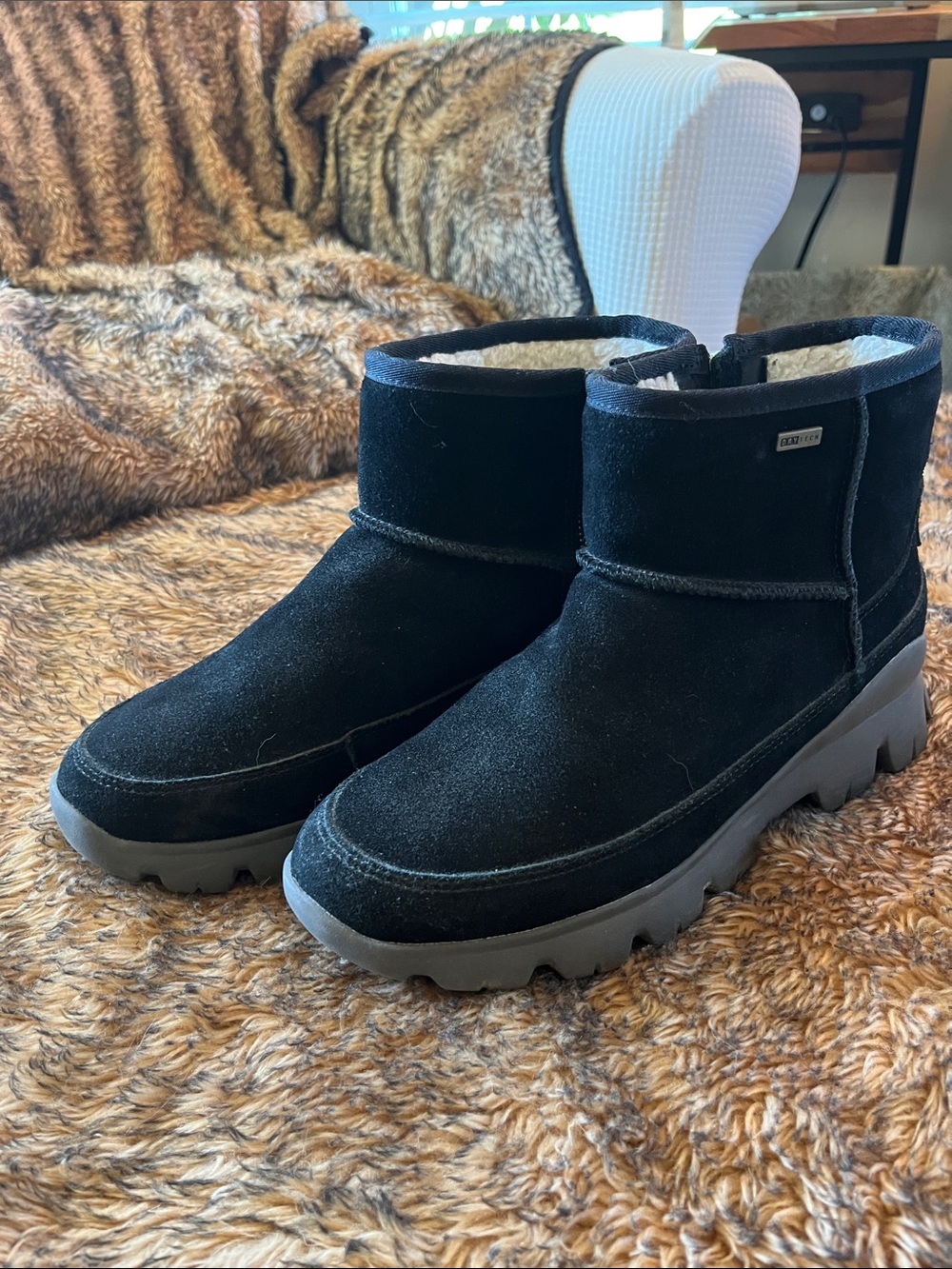 UGG Black Suede Short Winter Boots with Shearling Trim